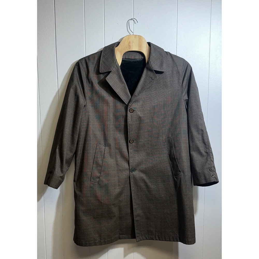 Vintage Sears Perma-Prest Glen Plaid Car Coat Brown Zip Out Pile Lining Mens 46R